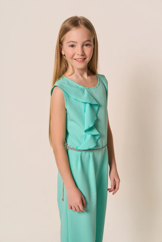 Tuta Bambina Elegante con Rouches Verde Acqua - immagine 3