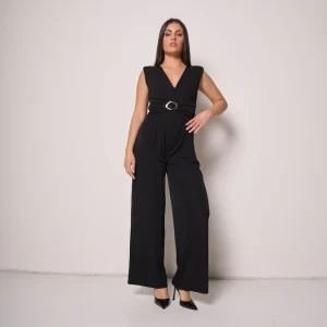 Tuta lunga donna con scollo a V e cintura decorativa