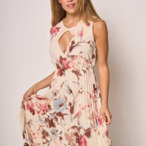 Abito lungo donna floreale con gonna plissé