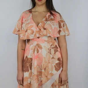 Abito midi floreale in chiffon con balza e scollo a V