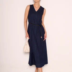 Abito smanicato in denim con cintura sottile