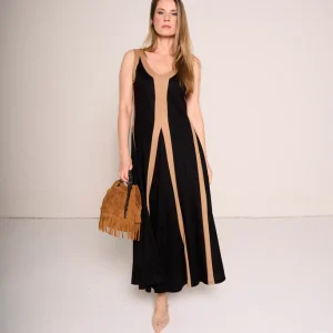 Abito lungo nero con inserti cammello