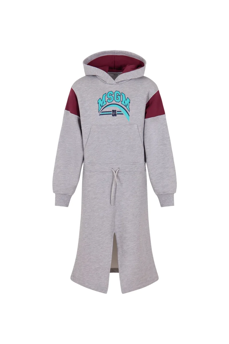 ABITO IN FELPA CON CAPPUCCIO GRIGIO/BORDEAUX CON LOGO MSGM
