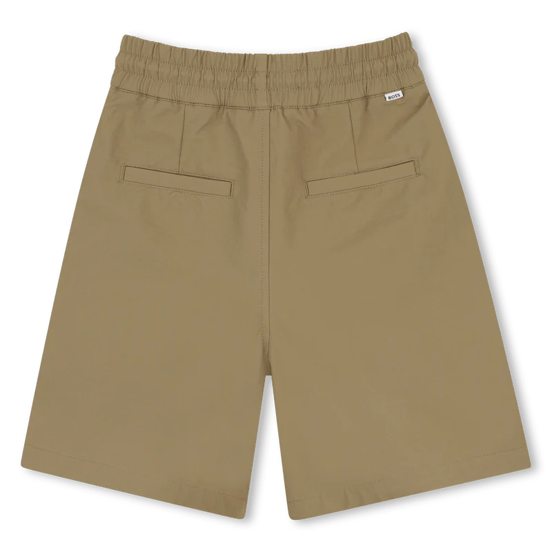 BERMUDA BEIGE IN COTONE CON ELASTICO LOGO GOMMATO BOSS - immagine 3