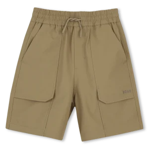 BERMUDA BEIGE IN COTONE CON ELASTICO LOGO GOMMATO BOSS