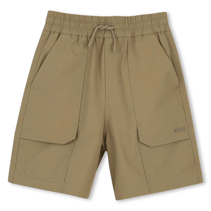 BERMUDA BEIGE IN COTONE CON ELASTICO LOGO GOMMATO BOSS - immagine 2