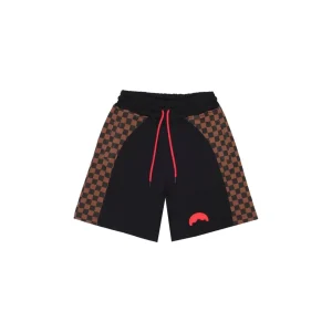 BERMUDA SPRAYGROUND NERO E SCACCHI MARRONI CON LOGO ROSSO