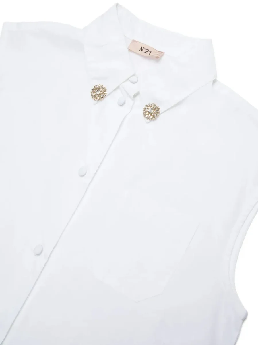 CAMICIA BIANCA SMANICATA CON EFFETTO GIOIELLO SUL COLLO N21 - immagine 4