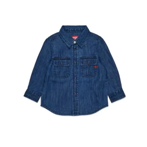 CAMICIA IN DENIM BLU SCURO CON LOGO ROSSO DIESEL
