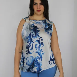 Canottiera in raso fantasia barocca con spilla decorativa