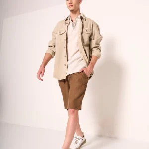 Camicia overshirt uomo in cotone beige sabbia