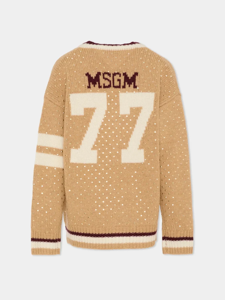 CARDIGAN BEIGE CON BORCHIE SCOLLO A V LOGO SUL RETRO MSGM - immagine 3