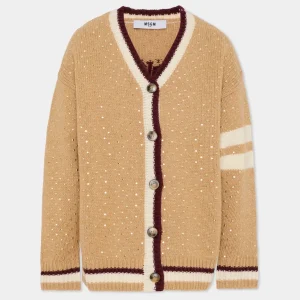 CARDIGAN BEIGE CON BORCHIE SCOLLO A V LOGO SUL RETRO MSGM
