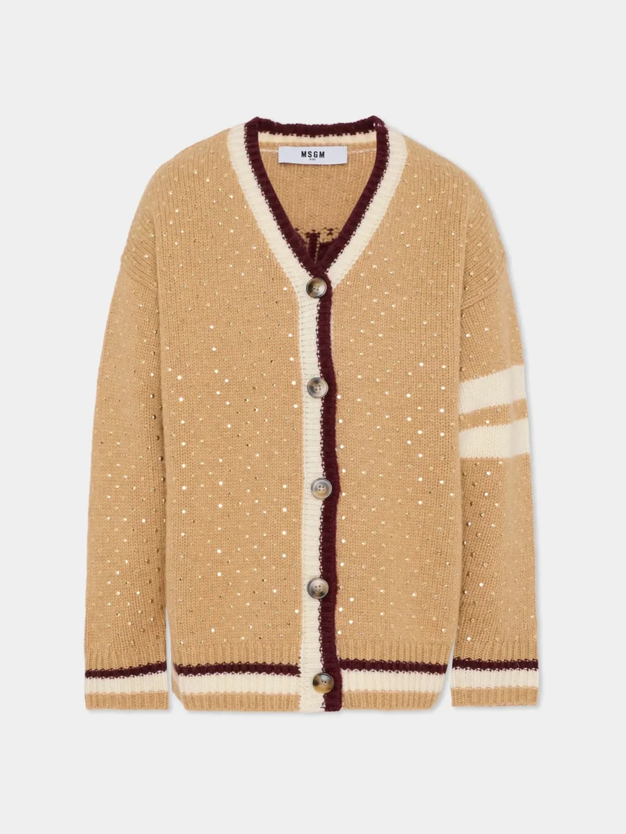 CARDIGAN BEIGE CON BORCHIE SCOLLO A V LOGO SUL RETRO MSGM - immagine 2