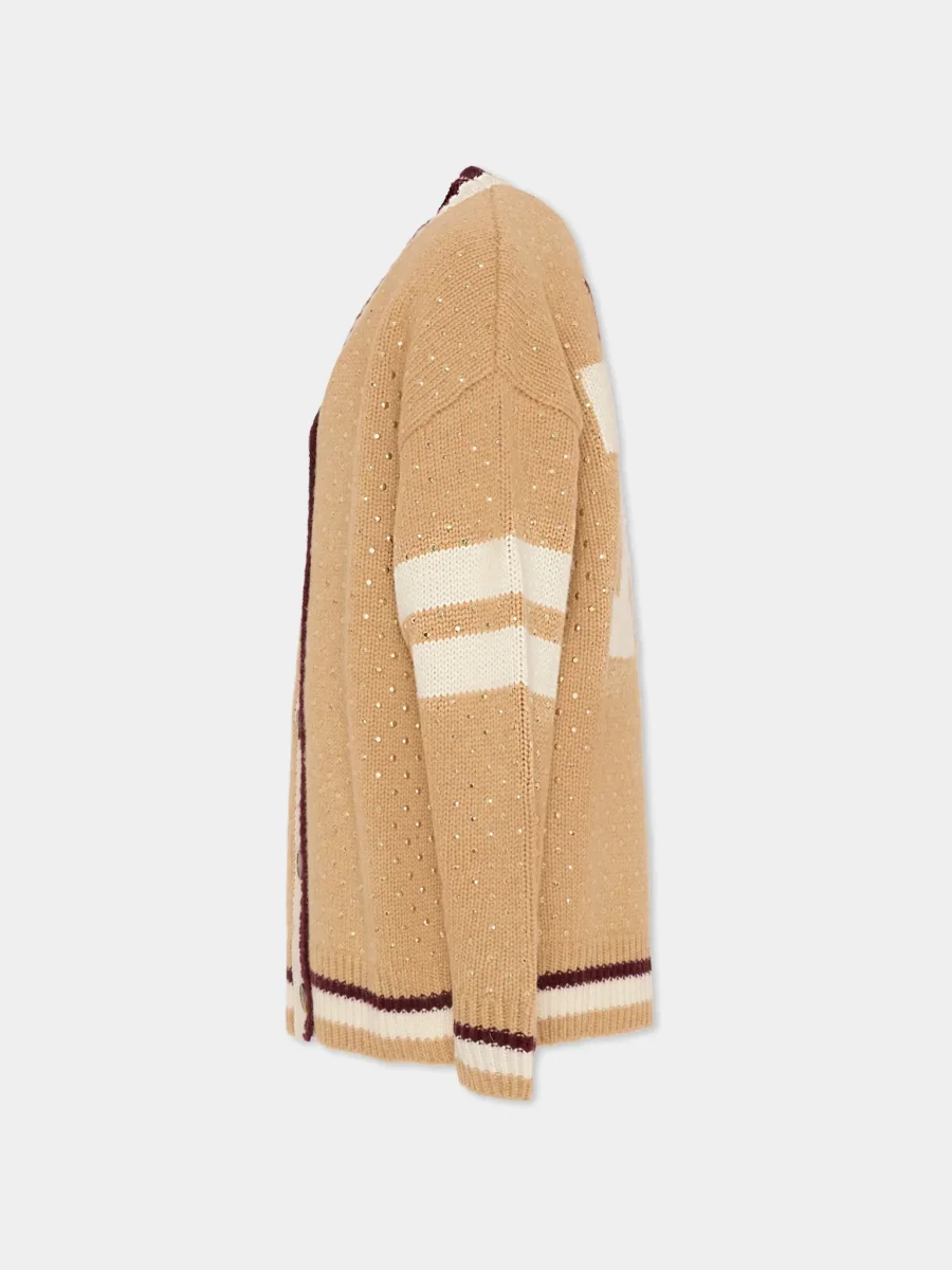 CARDIGAN BEIGE CON BORCHIE SCOLLO A V LOGO SUL RETRO MSGM - immagine 4