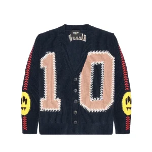 CARDIGAN SCOLLO A V BLU CON LOGO BEIGE BARROW