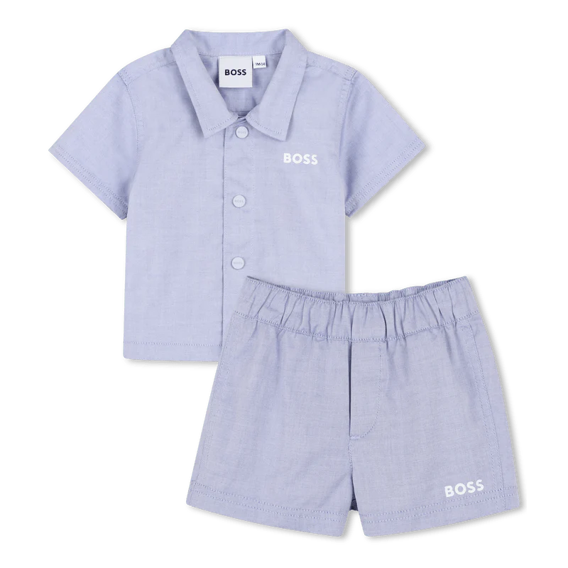 COMPLETO CAMICIA + BERMUDA IN COTONE BLU CHIARO CON LOGO BIANCO BOSS - immagine 2