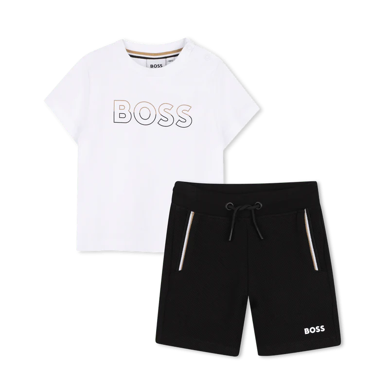 COMPLETO T-SHIRT BIANCA + BERMUDA NERO CON LOGO BEIGE-NERO BOSS