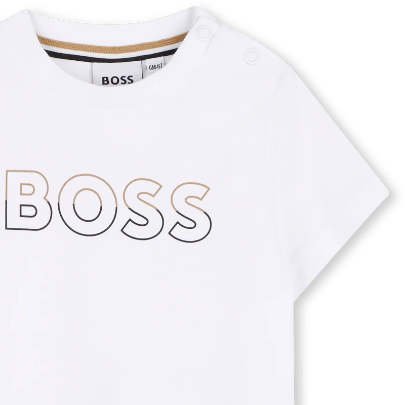 COMPLETO T-SHIRT BIANCA + BERMUDA NERO CON LOGO BEIGE-NERO BOSS - immagine 6