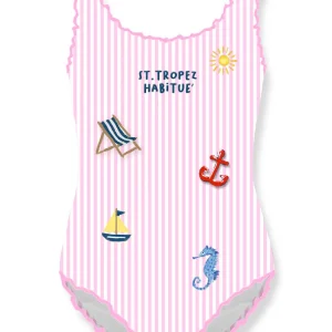COSTUME MC2 SAINT BARTH INTERO A RIGHE BIACHE E ROSA CON STAMPA ST.TROPEZ
