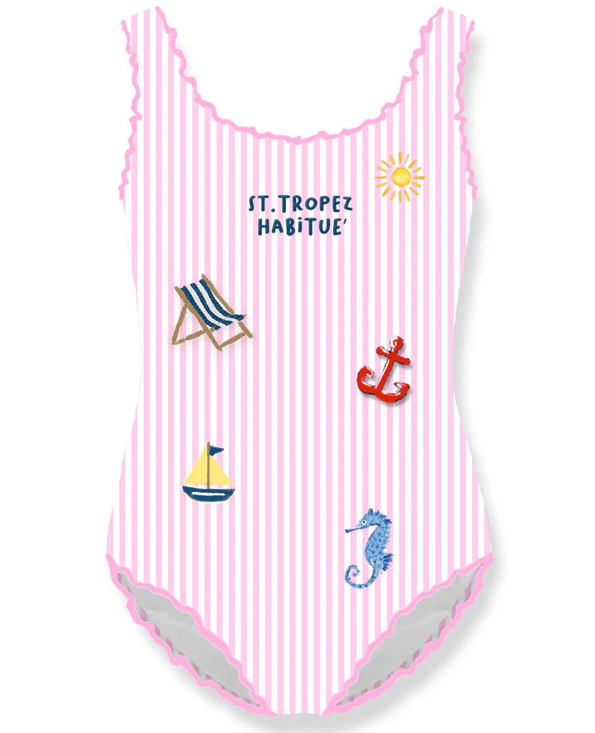 COSTUME MC2 SAINT BARTH INTERO A RIGHE BIACHE E ROSA CON STAMPA ST.TROPEZ - immagine 2