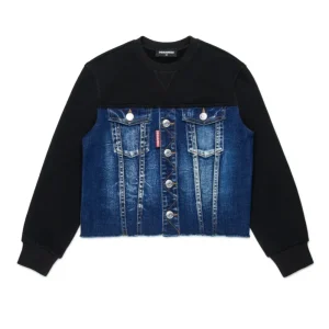 FELPA GIROCOLLO CON BUSTO IN DENIM