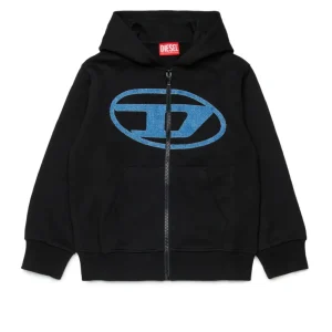 FELPA NERA CON CAPPUCCIO E ZIP CON LOGO IN DENIM DIESEL