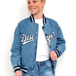 Bomber in denim varsity