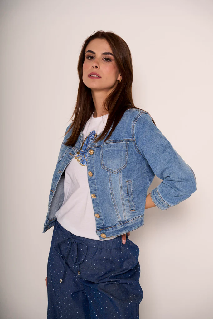 Giacchetta in denim con collo alla coreana - immagine 3