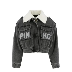 GIUBBINO IN DENIM NERO CON COLLETTO IN LANA PANNA LOGO GRIGIO PINKO