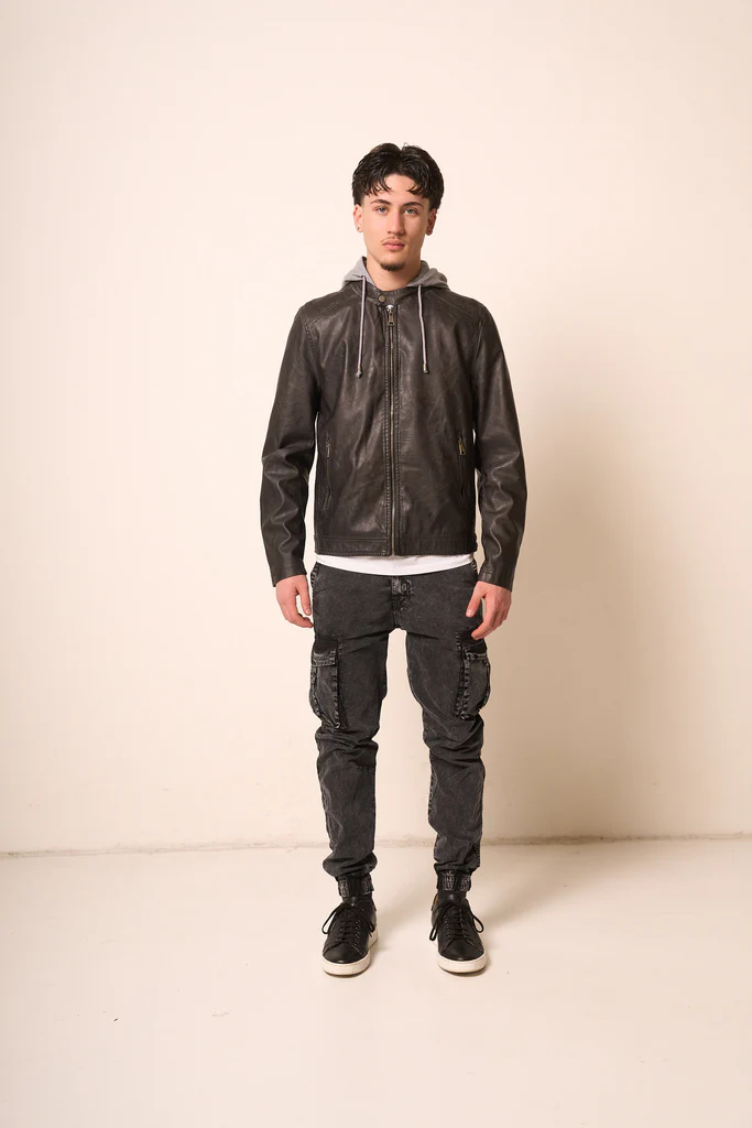 Giubbotto Uomo in Pelle Nera con Cappuccio