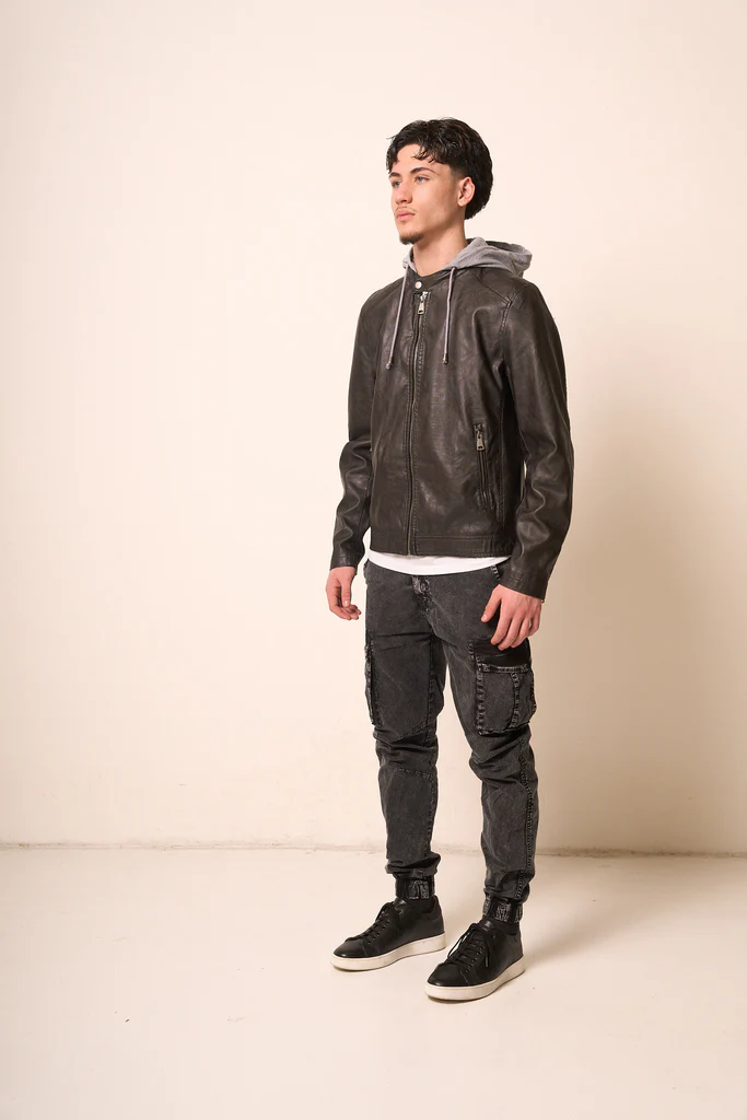 Giubbotto Uomo in Pelle Nera con Cappuccio - immagine 3