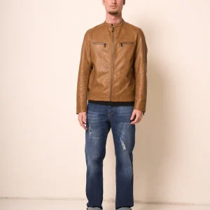 Giubbotto Uomo in Pelle Marrone con Collo Coreana