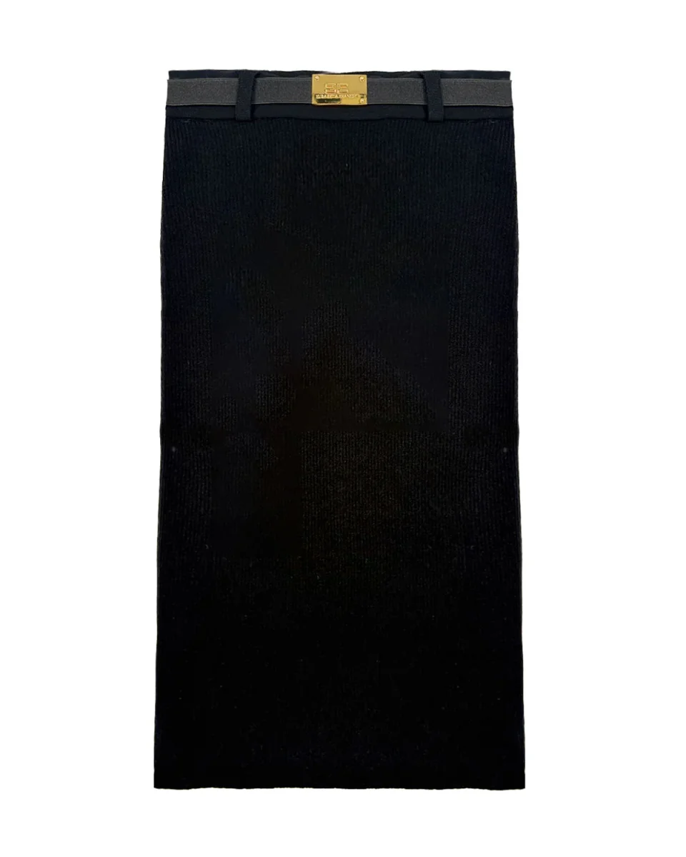 GONNA A COSTINE NERA CON CINTURINO E PLACCA IN ORO ELISABETTA FRANCHI