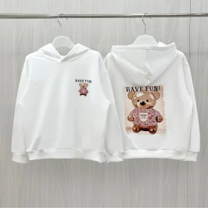 Felpa bianca con cappuccio e stampa orsetto