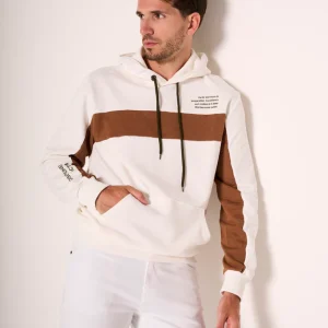 Felpa panna con cappuccio e fascia marrone a contrasto