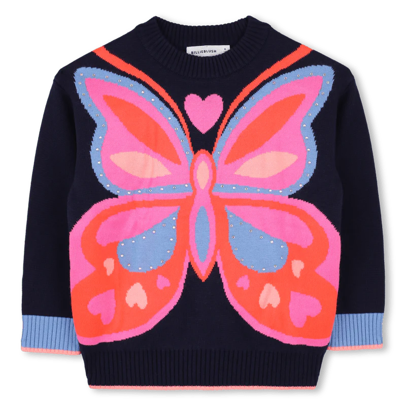 MAGLIONE BLU CON FARFALLA COLORATA BILLIEBLUSH