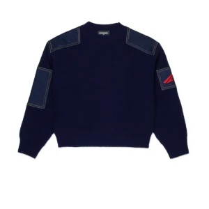 MAGLIONE BLU CON INSERETI IN DENIM CON LOGO ROSSO ICON DSQUARED2
