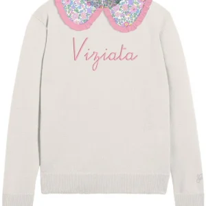 MAGLIONE CON COLLETTO A FIORI E SCRITTA ROSA IN RICAMO "VIZIATA" DI MC2 SAINT BARTH