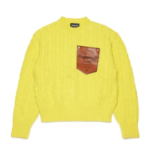 MAGLIONE IN TRECCIATO GIALLO CON TASCA MARRONE CON LOGO DSQUARED2