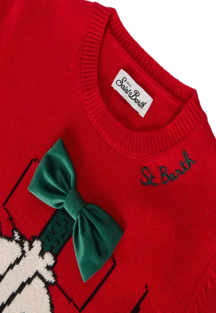 MAGLIONE ROSSO CON SNOOPY E FIOCCO IN VELLUTO VERDE MC2 SAINT BARTH - immagine 4