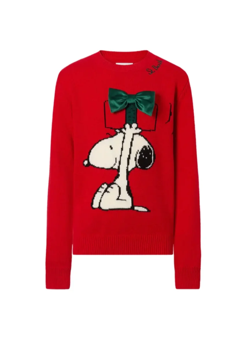 MAGLIONE ROSSO CON SNOOPY E FIOCCO IN VELLUTO VERDE MC2 SAINT BARTH