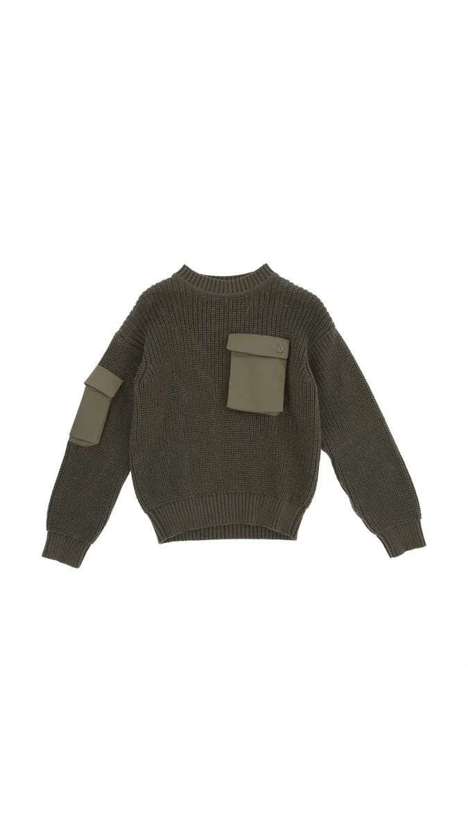 MAGLIONE VERDE CON TASCHINO IN STOFFAE CON LOGO DONDUP