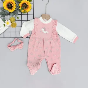 Tutina in ciniglia con ricamo unicorno e fascia coordinata