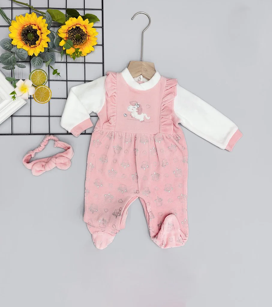 Tutina in ciniglia con ricamo unicorno e fascia coordinata