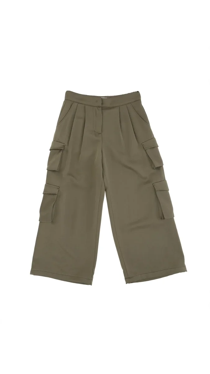 PANTALONE IN RASO VERDE MILITARE CON TASCONI DONDUP