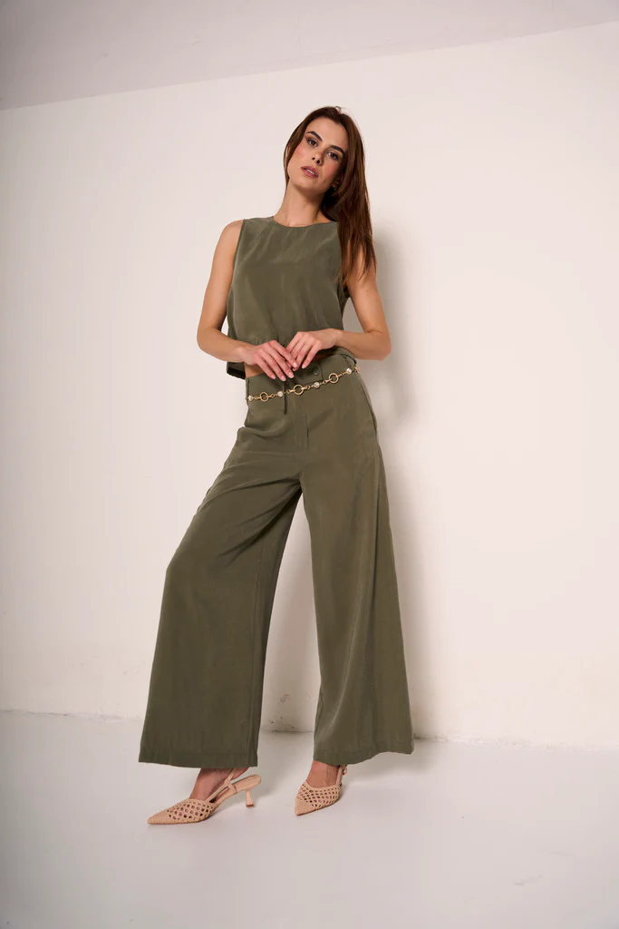 Pantaloni gamba larga verde militare - immagine 4