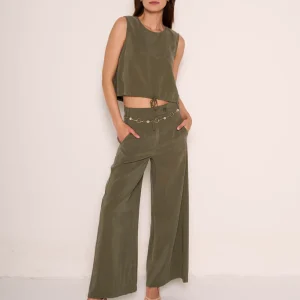 Pantaloni gamba larga verde militare