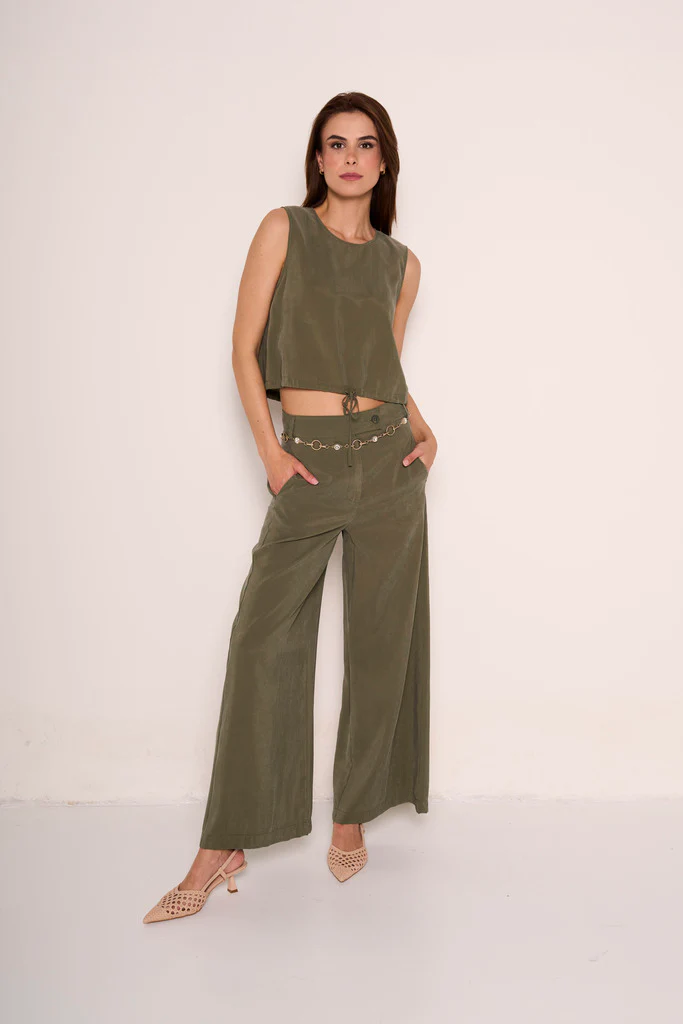 Pantaloni gamba larga verde militare