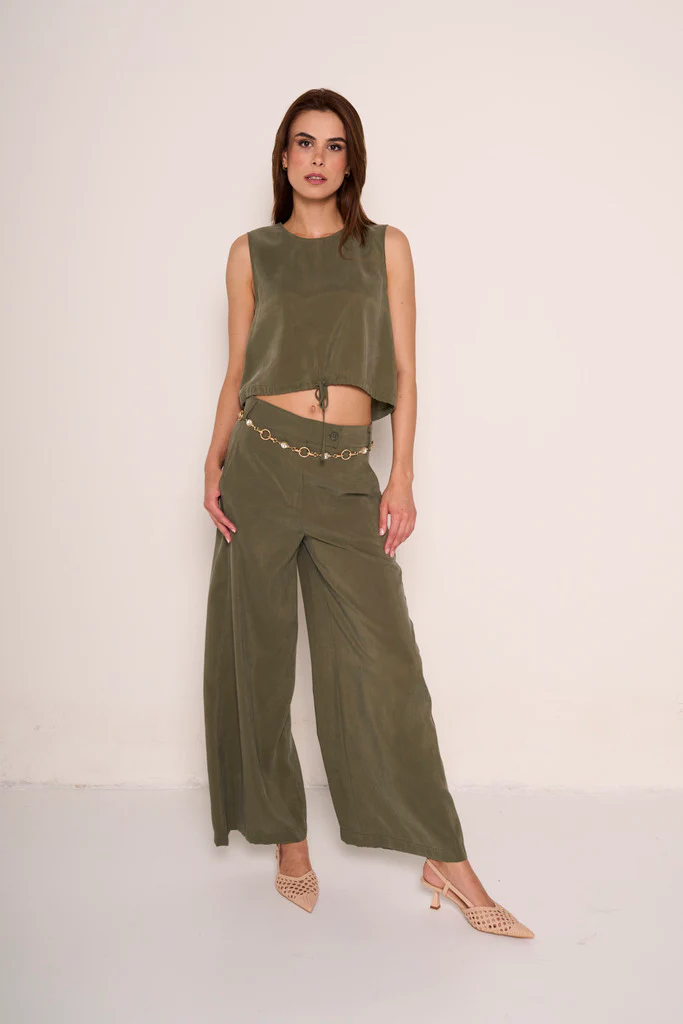 Pantaloni gamba larga verde militare - immagine 3